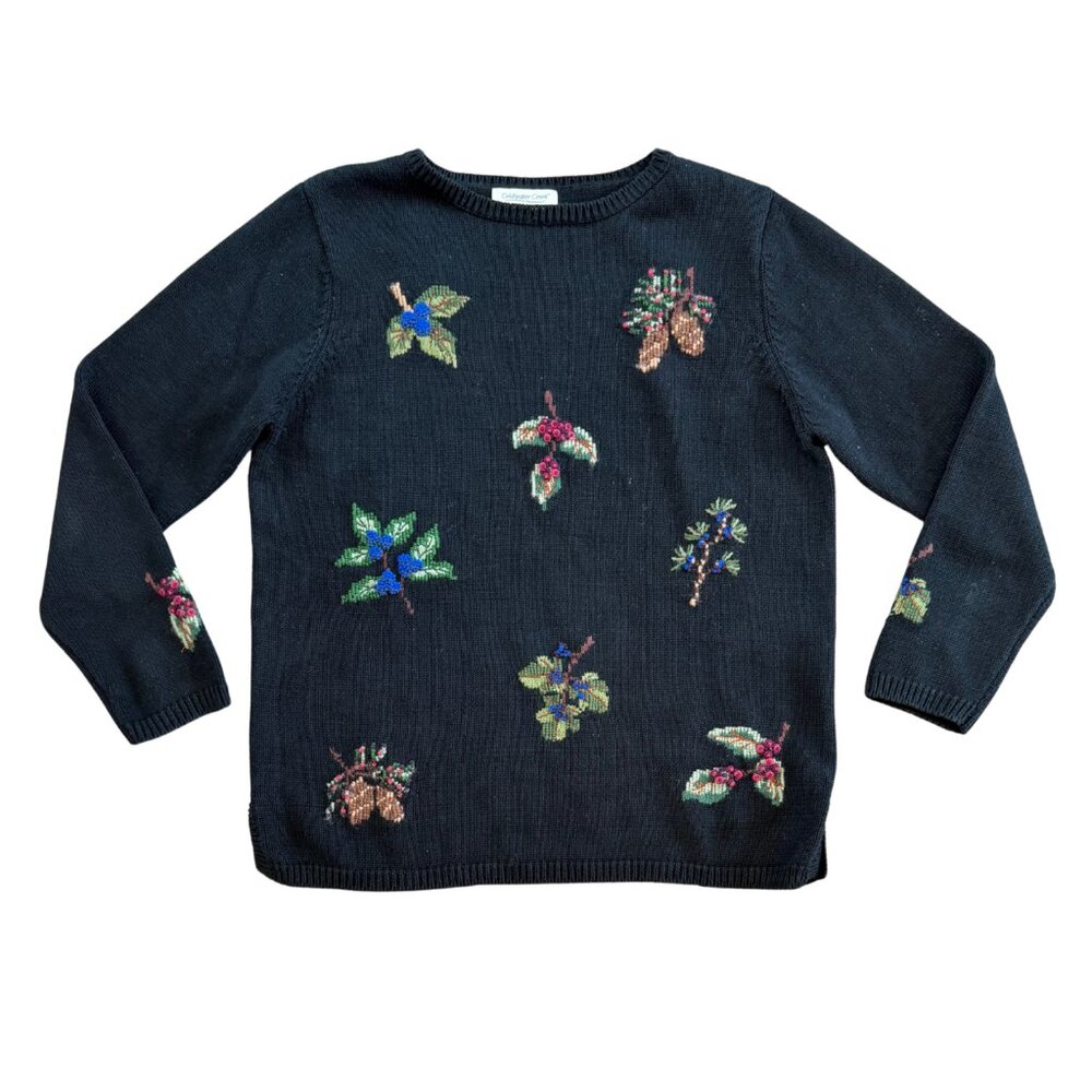 Vintage 90s Embroidered Chunky Knit Embroidered Floral Sweater Size Medium